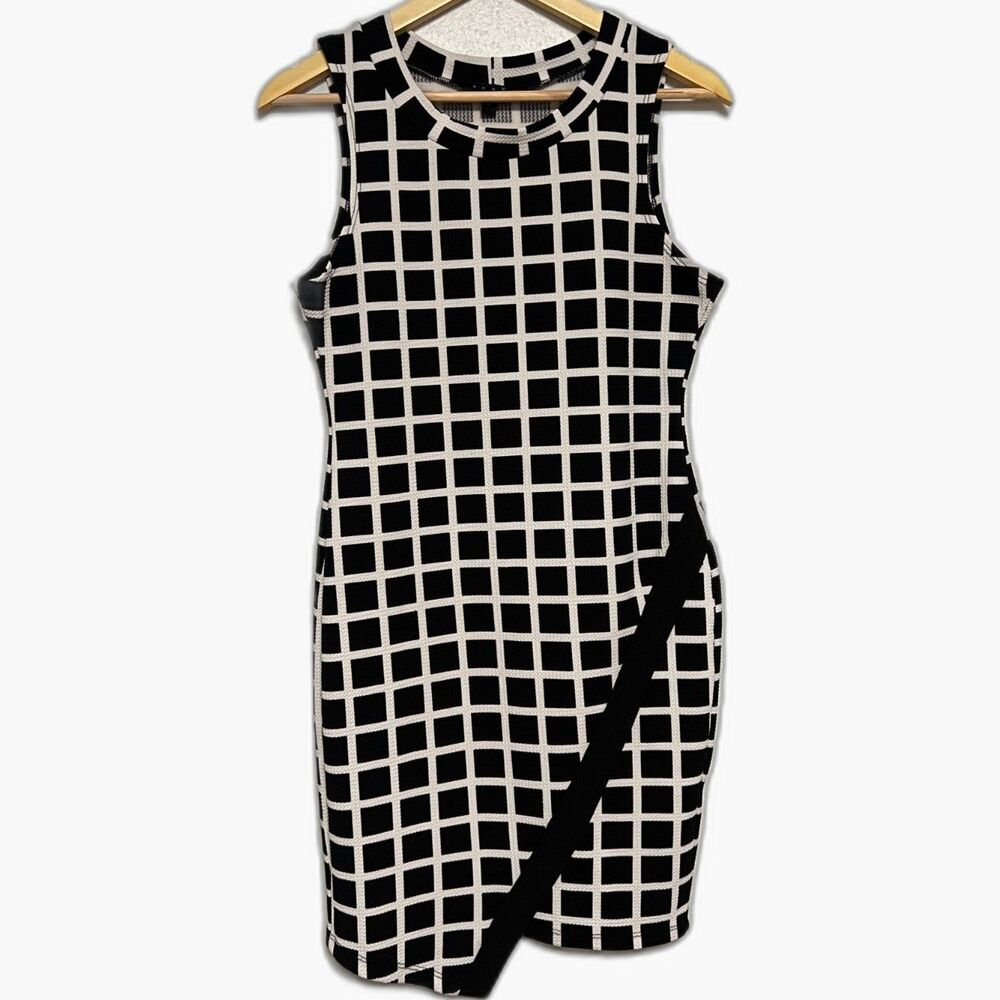 Snap Black White Grid Print Asymmetrical Faux Wrap Bodycon Mini Dress Size Large